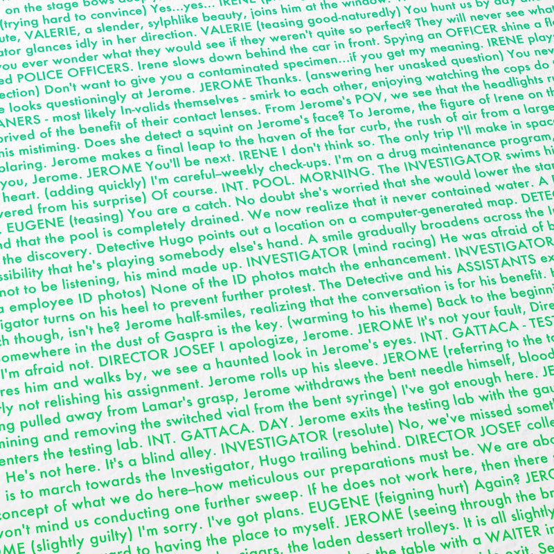 Close-up detail of the Gattaca movie script poster showing dense typographic text.