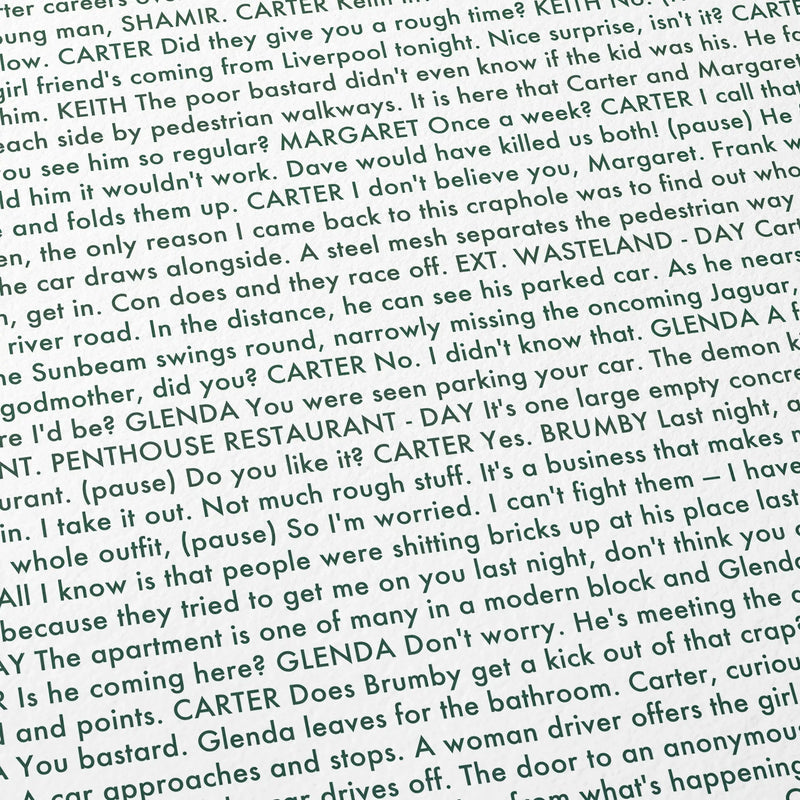 Close-up detail of the Get Carter movie script poster showing dense typographic text.