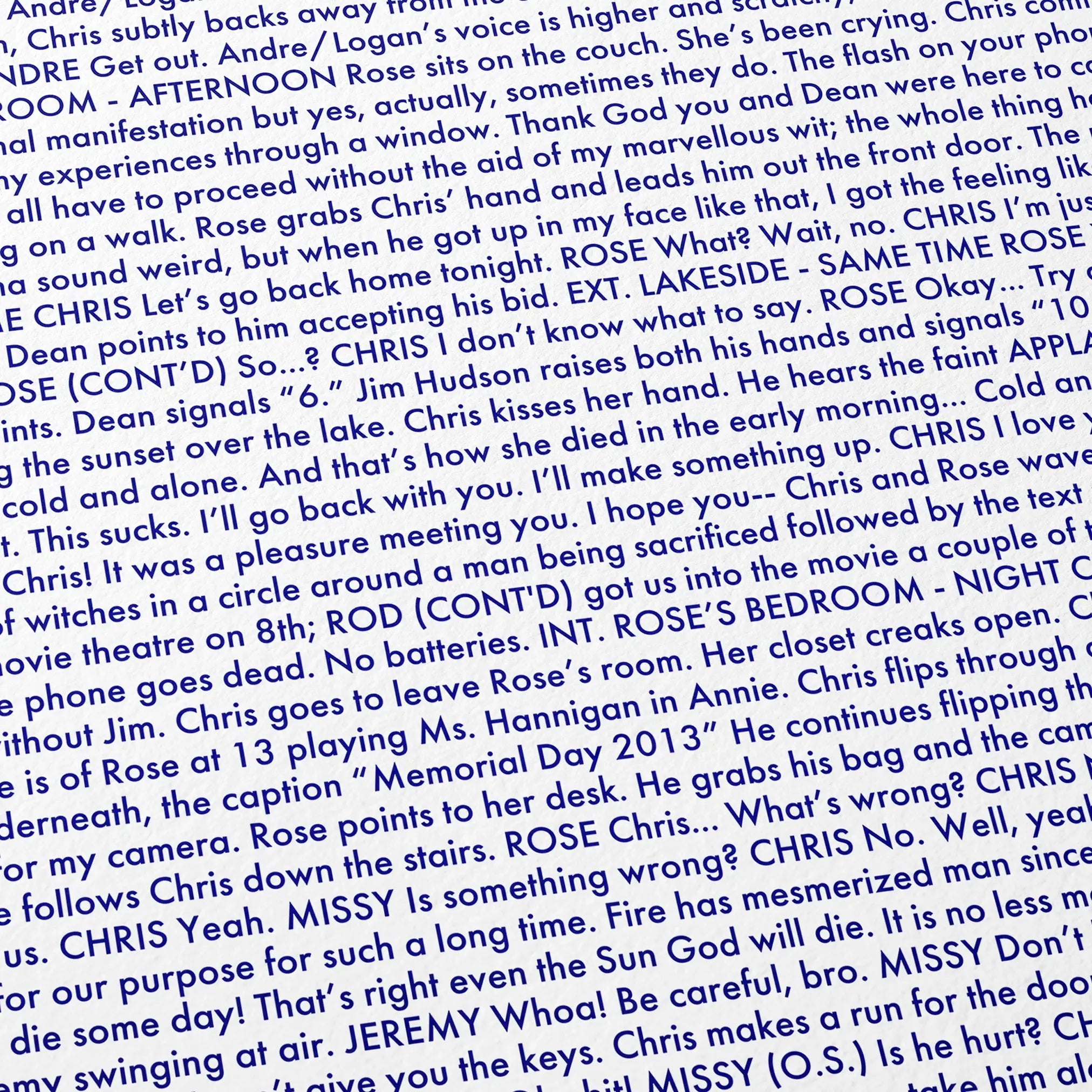 Close-up detail of the Get Out movie script poster showing dense typographic text.