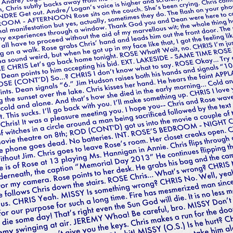 Close-up detail of the Get Out movie script poster showing dense typographic text.