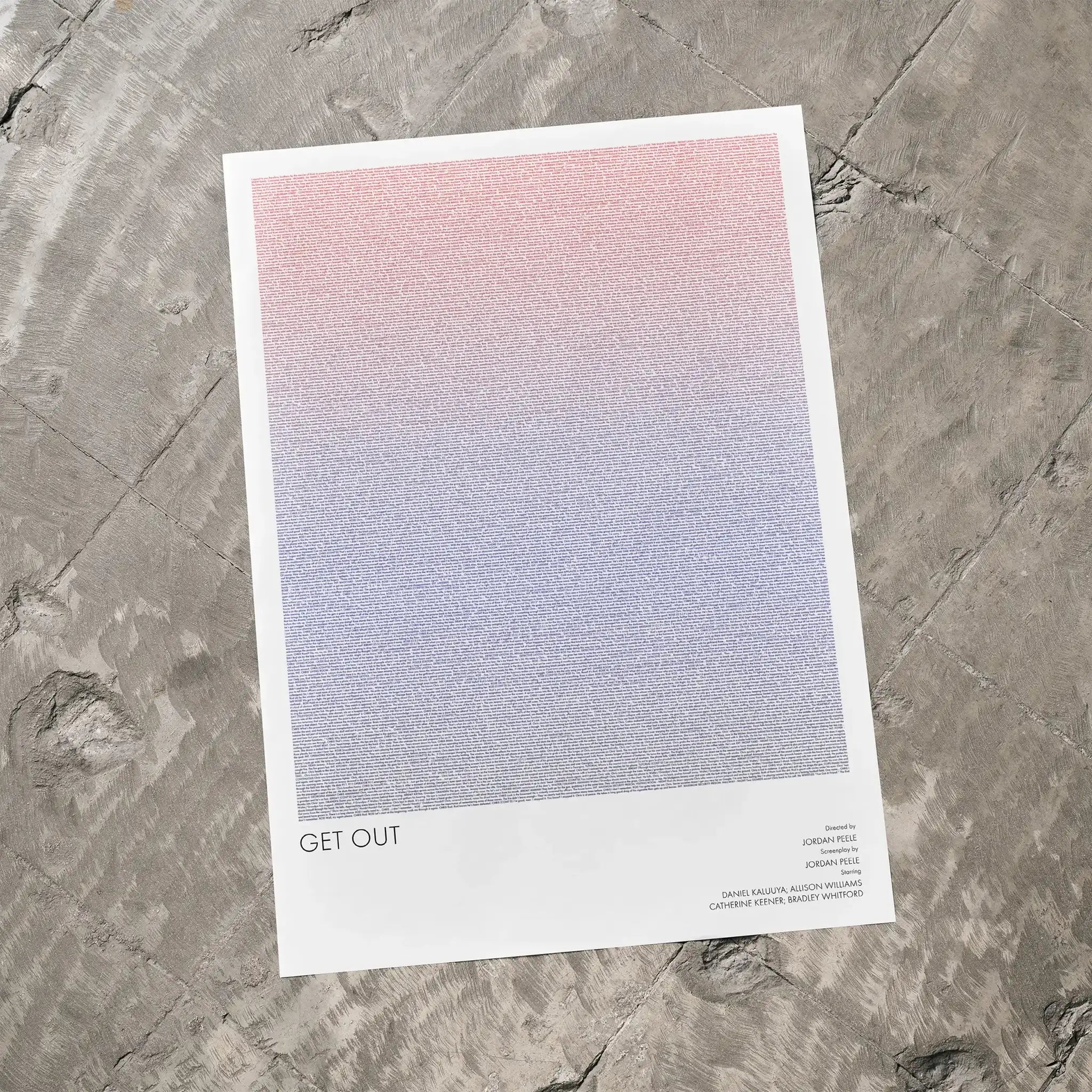 A Get Out movie script poster laid flat on a textured floor surface.