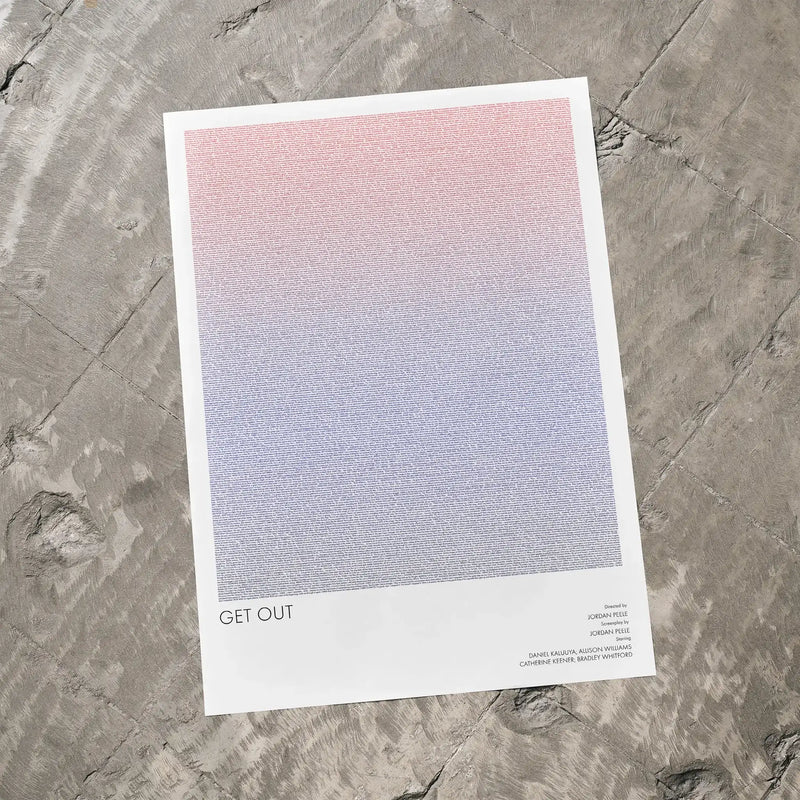 A Get Out movie script poster laid flat on a textured floor surface.