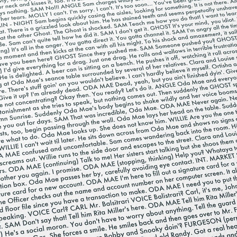 Close-up detail of the Ghost movie script poster showing dense typographic text.