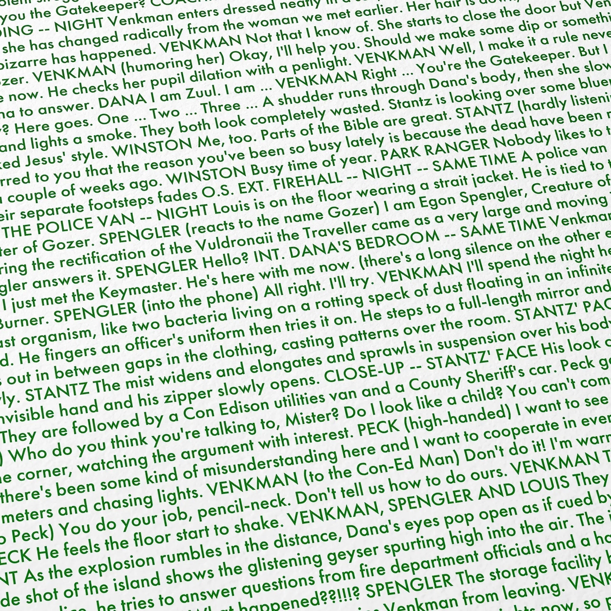 Close-up detail of the Ghostbusters movie script poster showing dense typographic text.