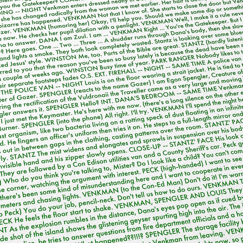Close-up detail of the Ghostbusters movie script poster showing dense typographic text.