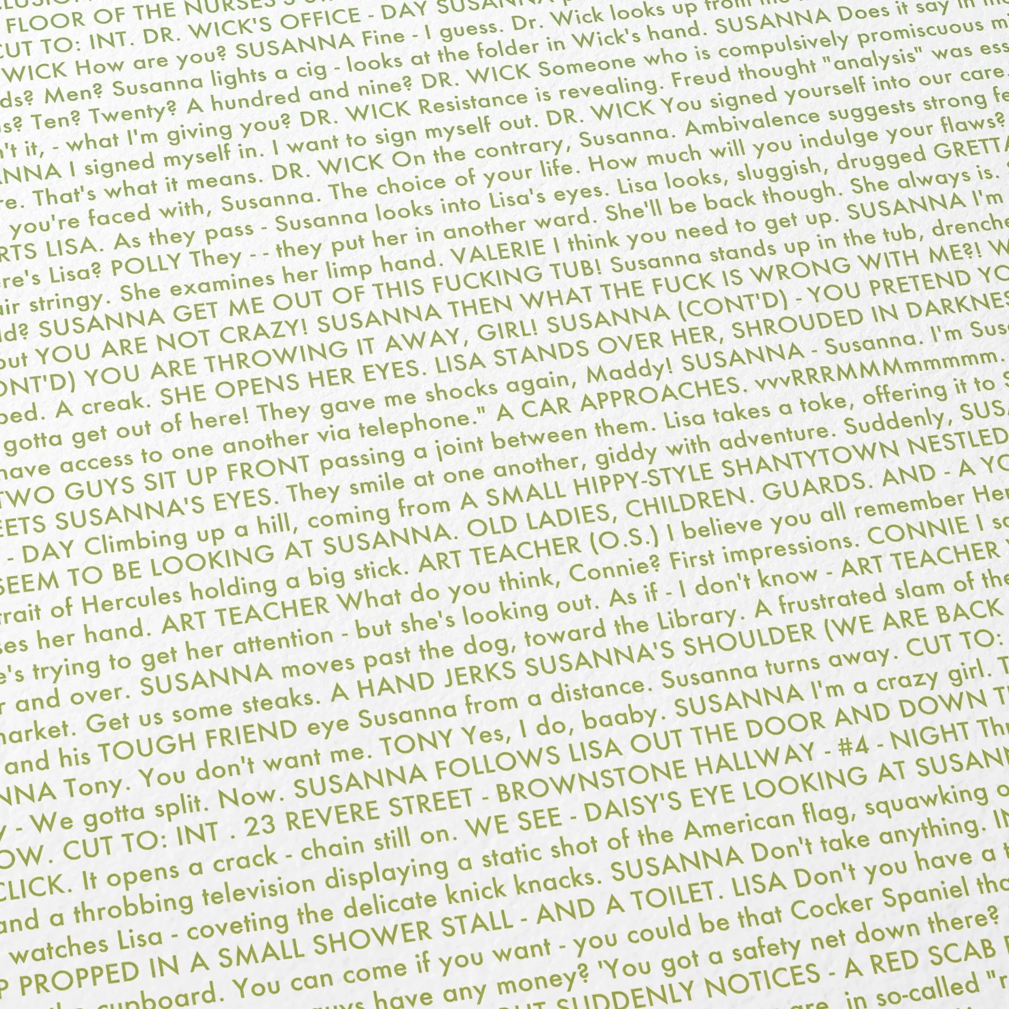 Close-up detail of the Girl, Interrupted movie script poster showing dense typographic text.