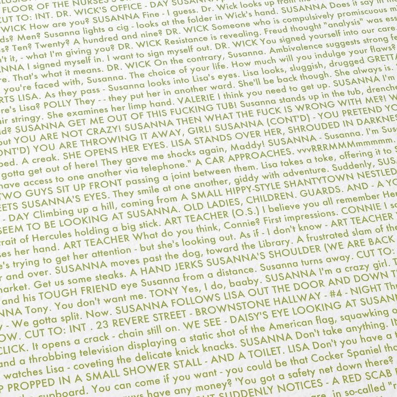 Close-up detail of the Girl, Interrupted movie script poster showing dense typographic text.