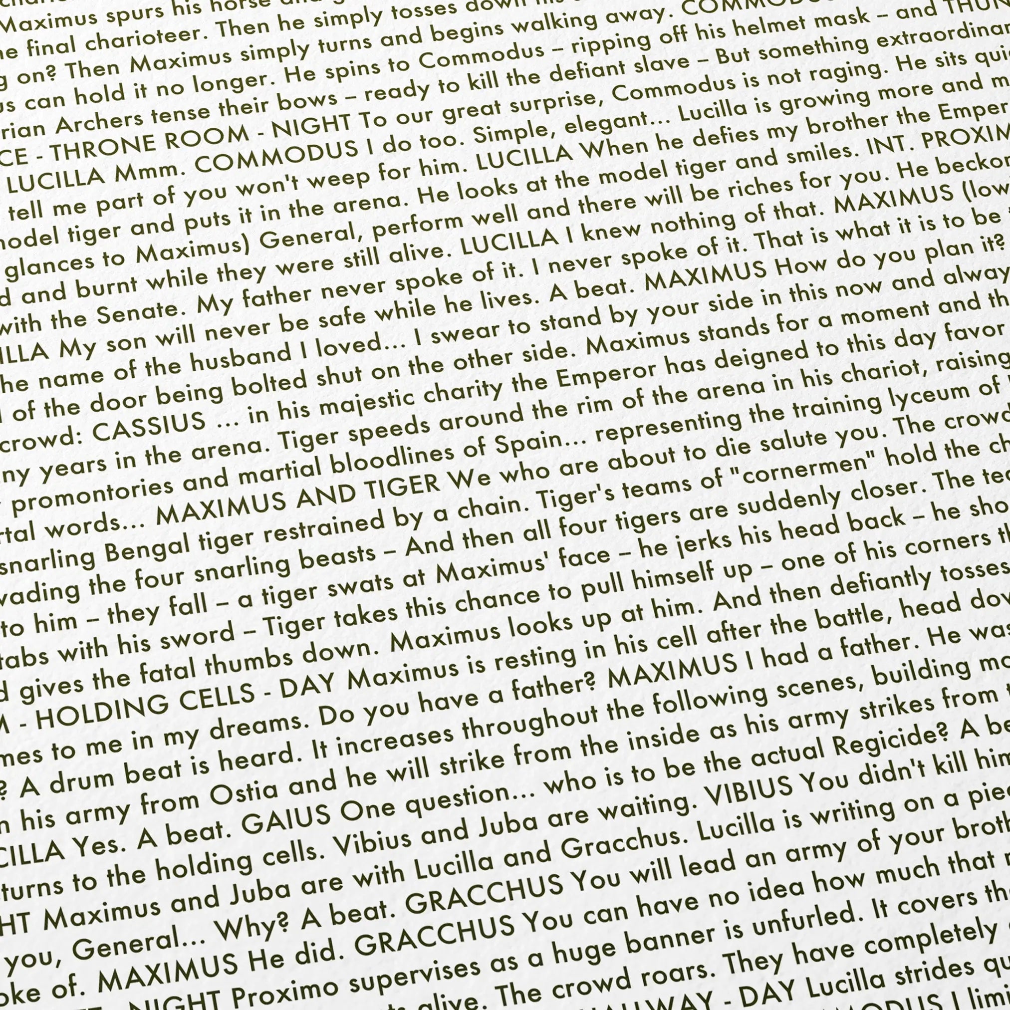 Close-up detail of the Gladiator movie script poster showing dense typographic text.