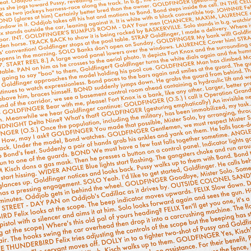 Close-up detail of the Goldfinger movie script poster showing dense typographic text.