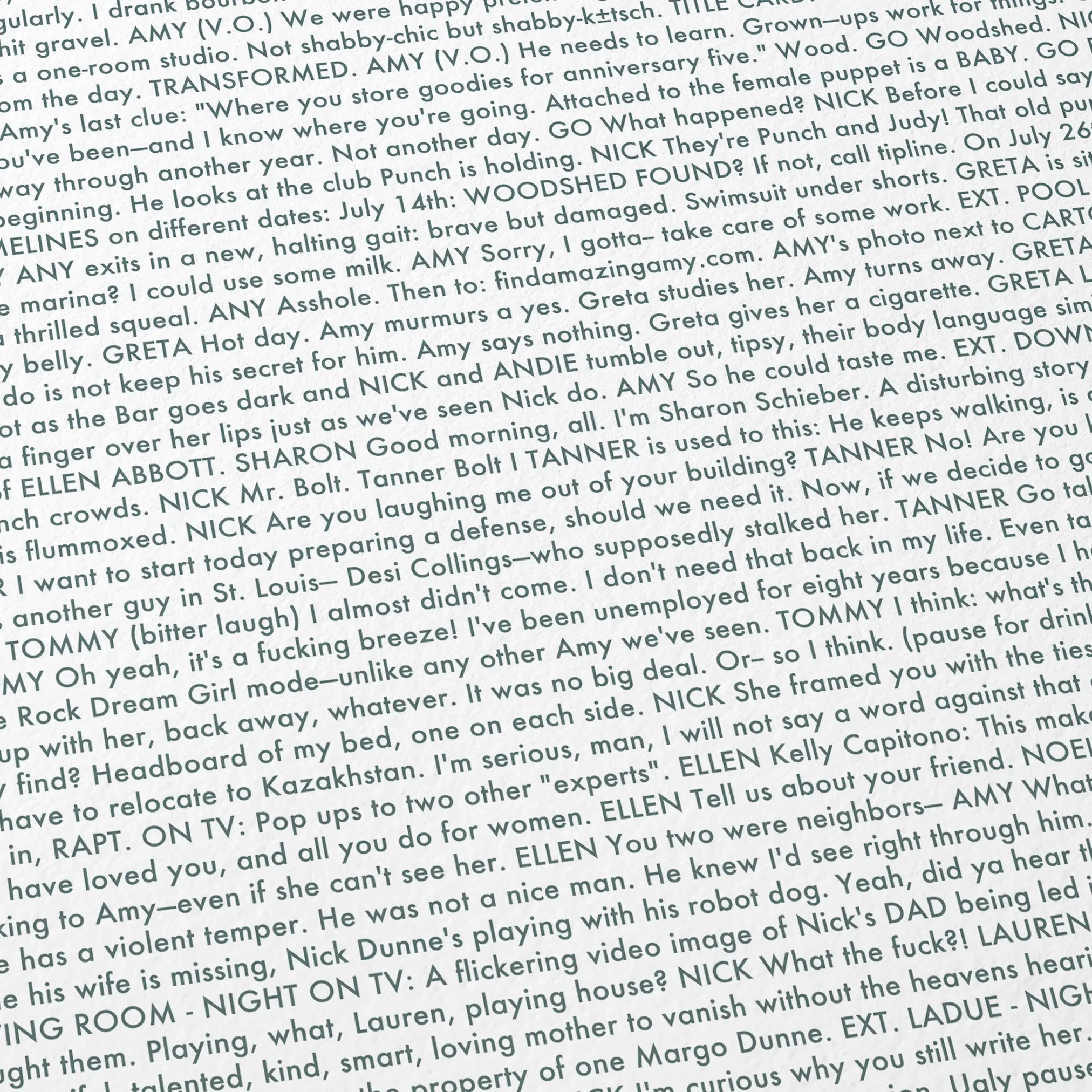 Close-up detail of the Gone Girl movie script poster showing dense typographic text.