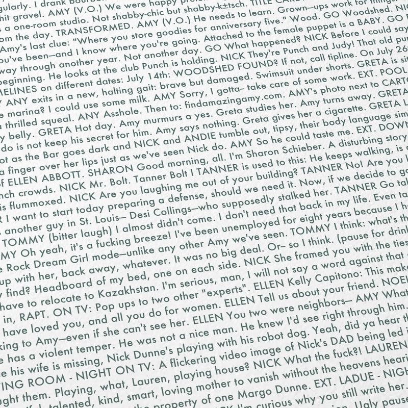 Close-up detail of the Gone Girl movie script poster showing dense typographic text.