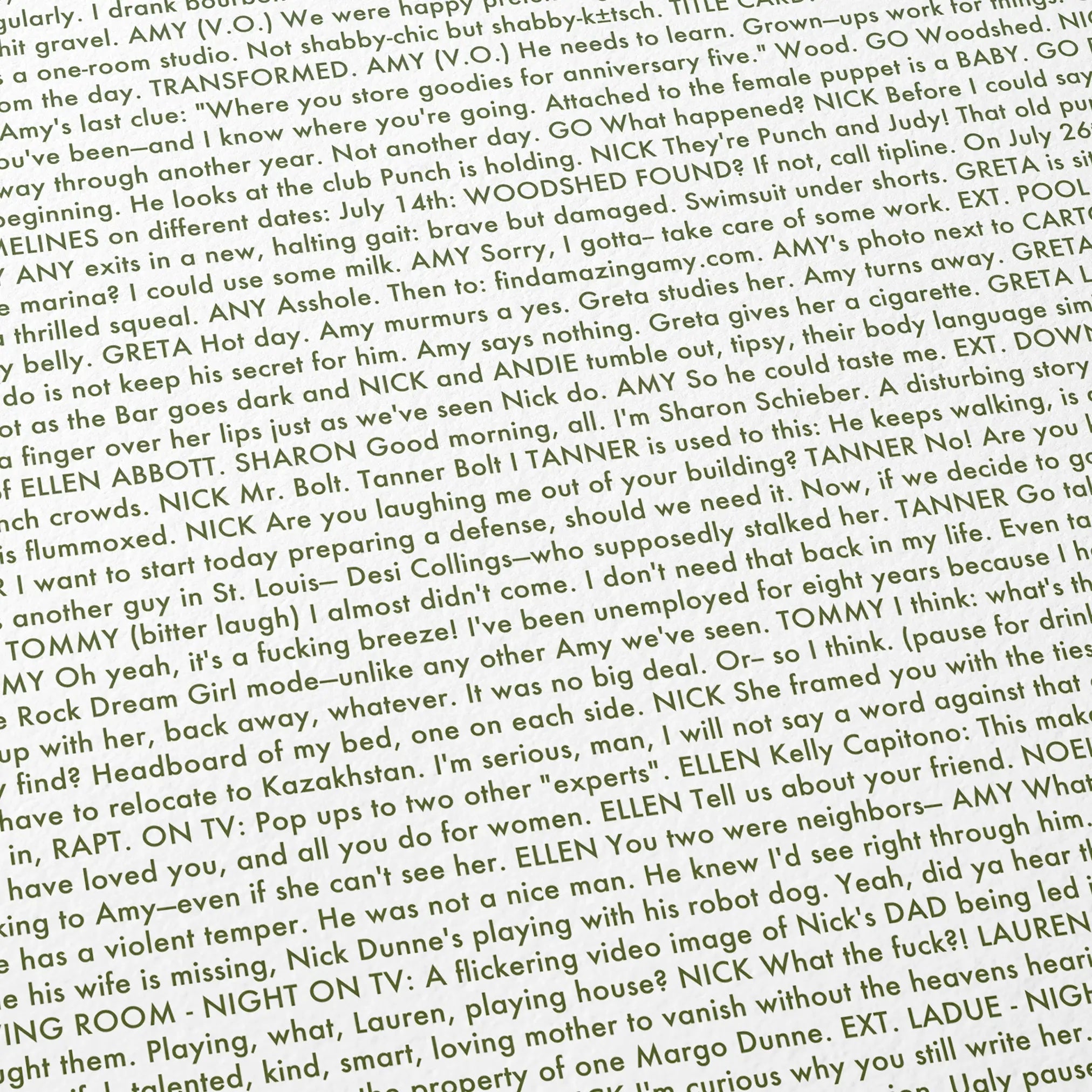 Close-up detail of the Gone Girl movie script poster showing dense typographic text.