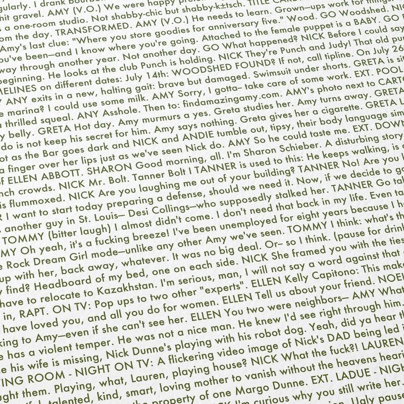 Close-up detail of the Gone Girl movie script poster showing dense typographic text.