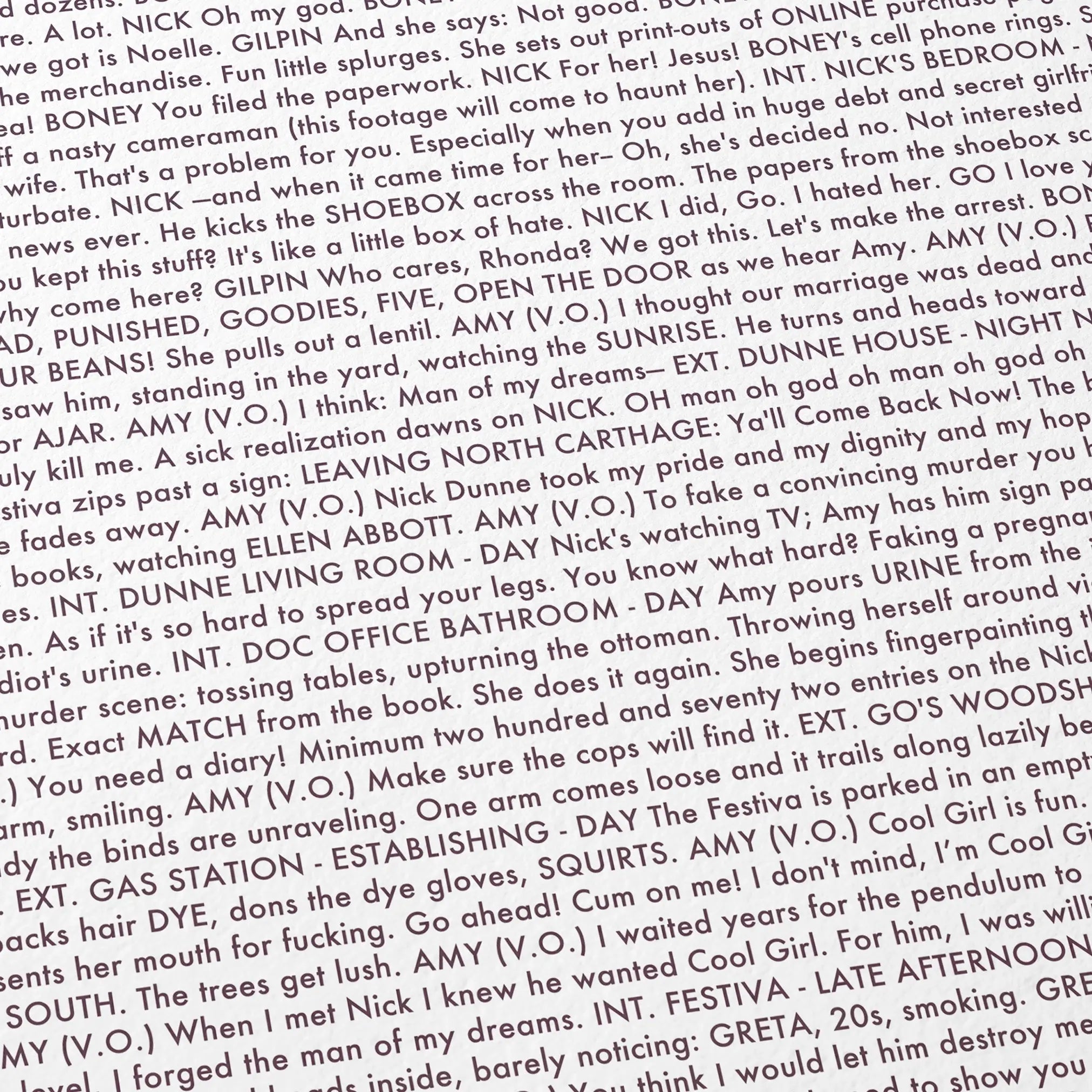 Close-up detail of the Gone Girl movie script poster showing dense typographic text.