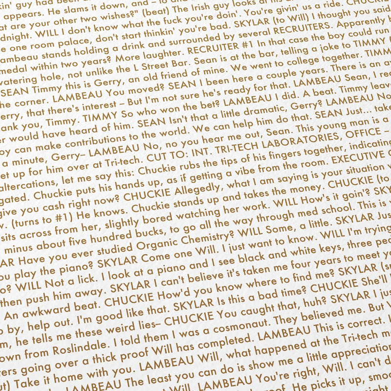 Close-up detail of the Good Will Hunting movie script poster showing dense typographic text.