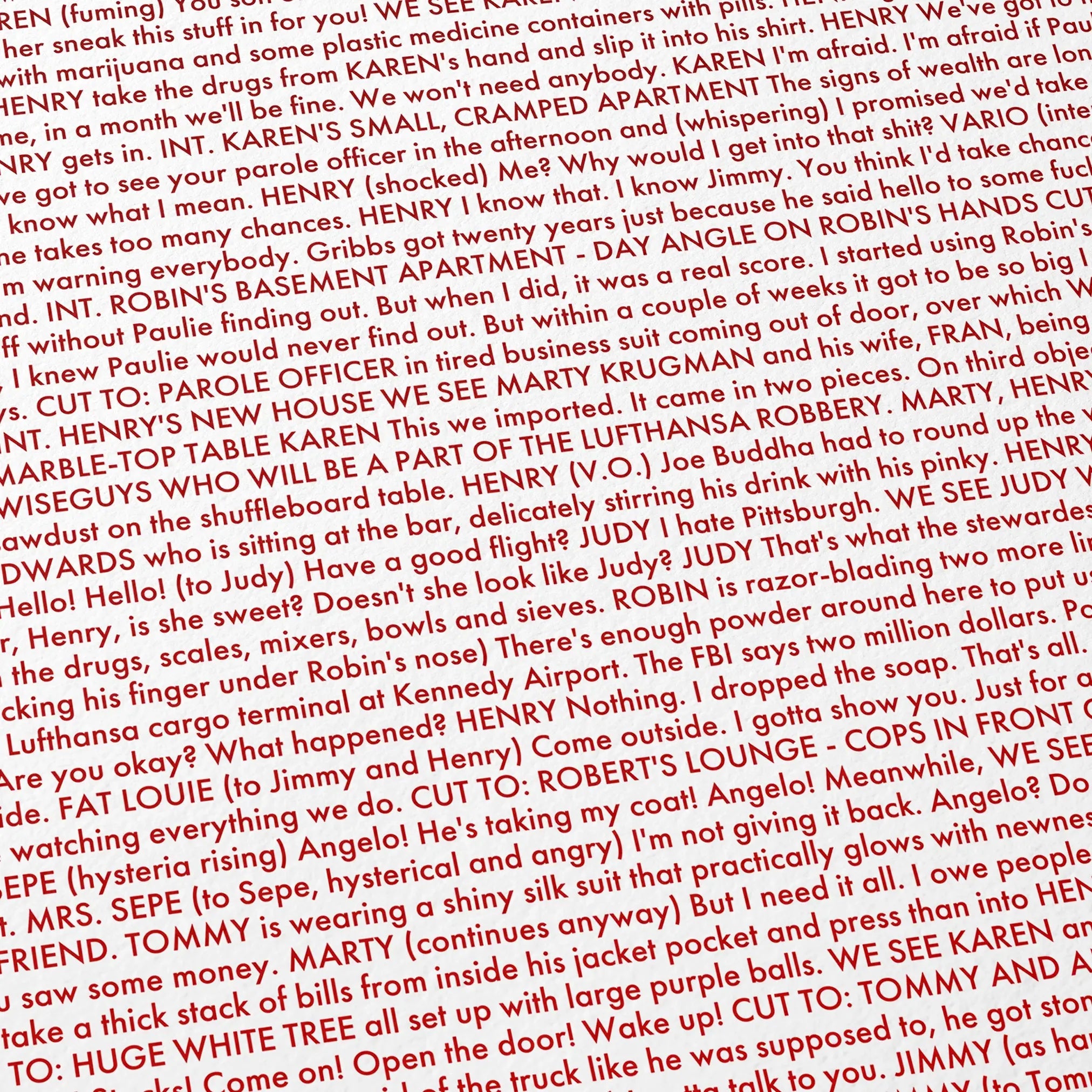 Close-up detail of the Goodfellas movie script poster showing dense typographic text.