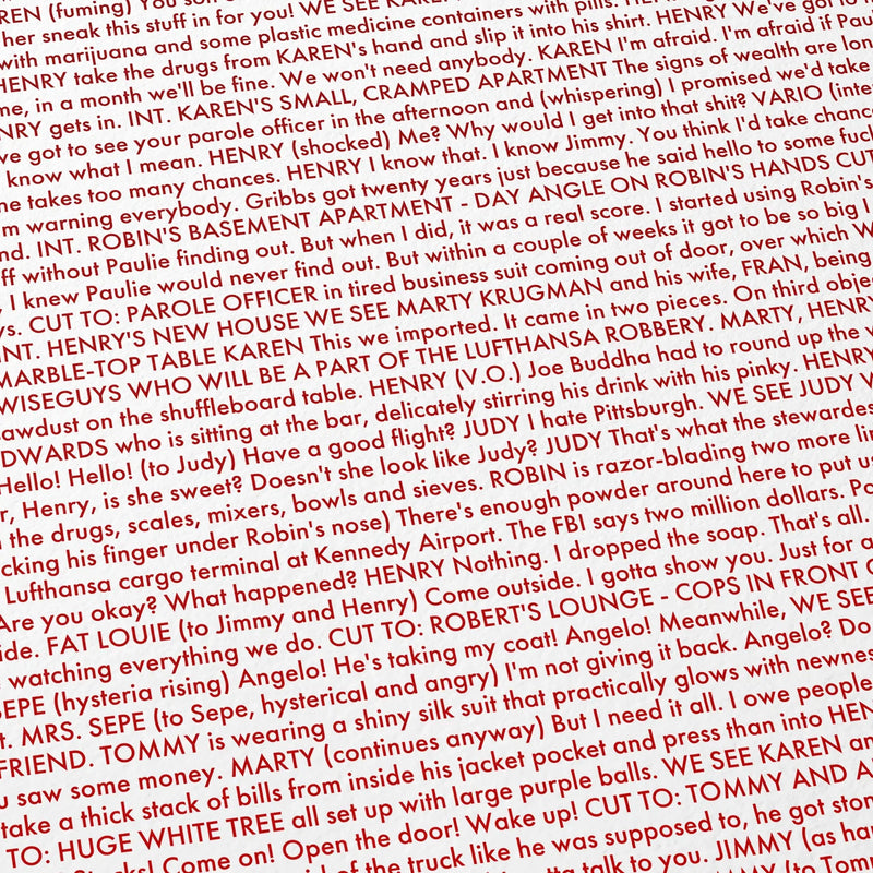 Close-up detail of the Goodfellas movie script poster showing dense typographic text.