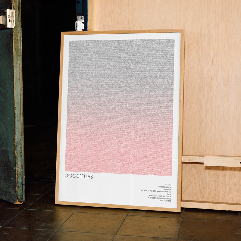 A framed Goodfellas movie script poster displayed in a contemporary interior setting.