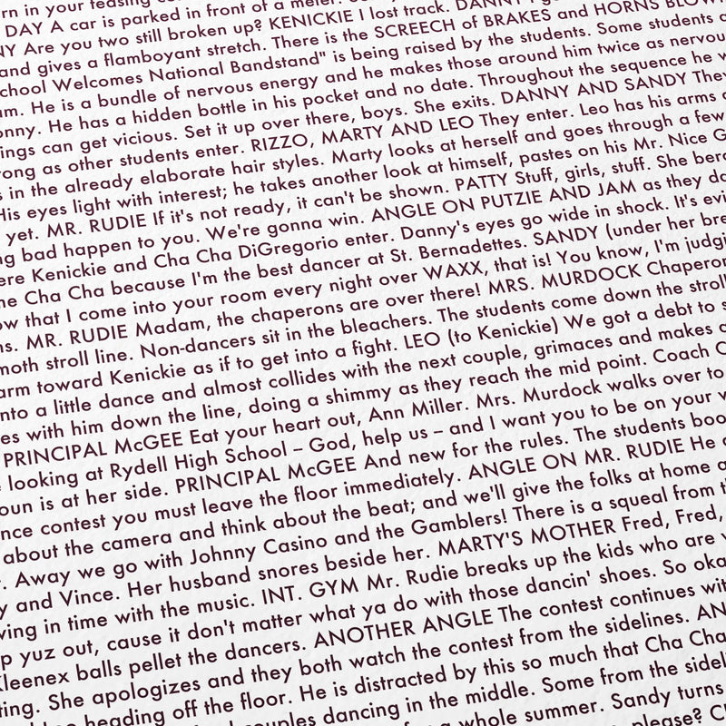 Close-up detail of the Grease movie script poster showing dense typographic text.