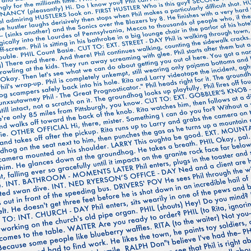 Close-up detail of the Groundhog Day movie script poster showing dense typographic text.