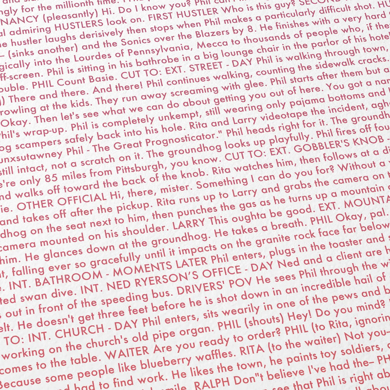 Close-up detail of the Groundhog Day movie script poster showing dense typographic text.