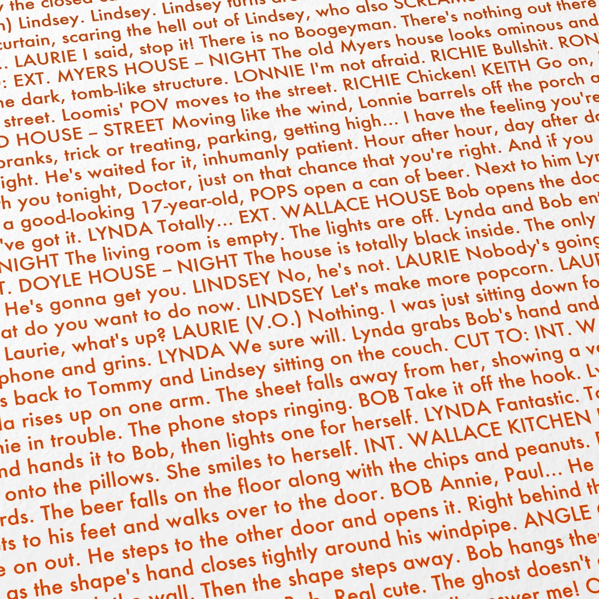 Close-up detail of the Halloween movie script poster showing dense typographic text.