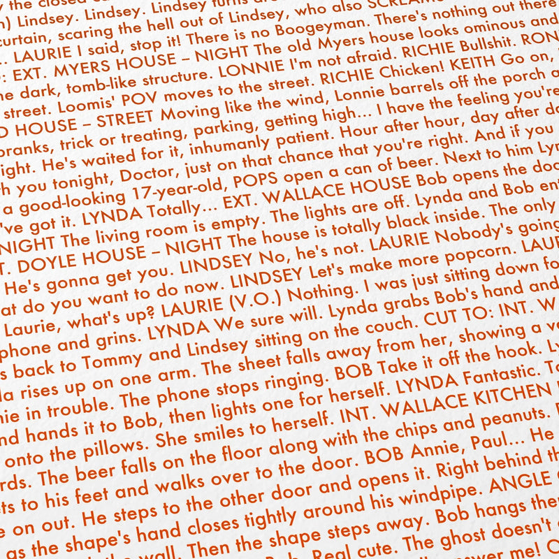 Close-up detail of the Halloween movie script poster showing dense typographic text.