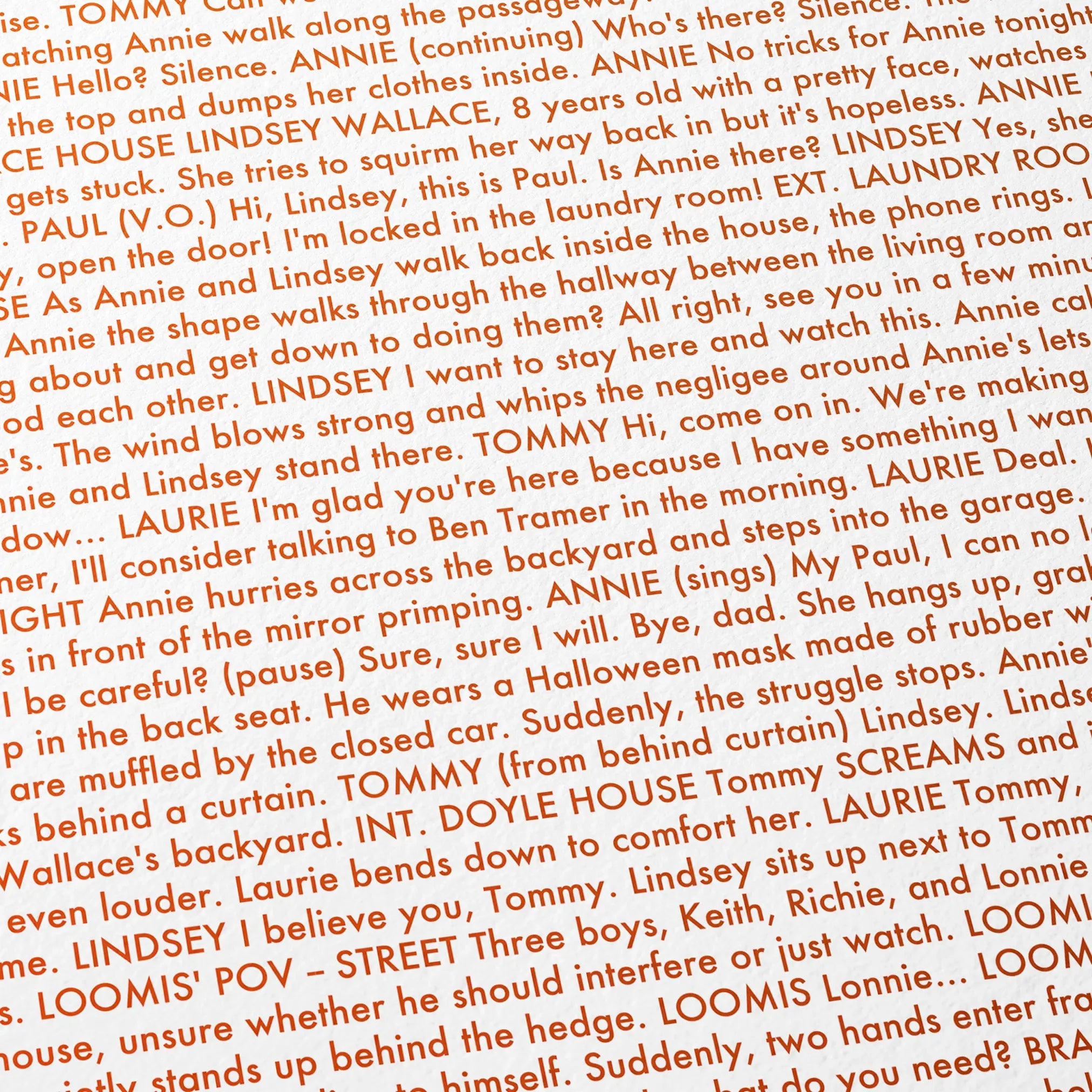 Close-up detail of the Halloween movie script poster showing dense typographic text.