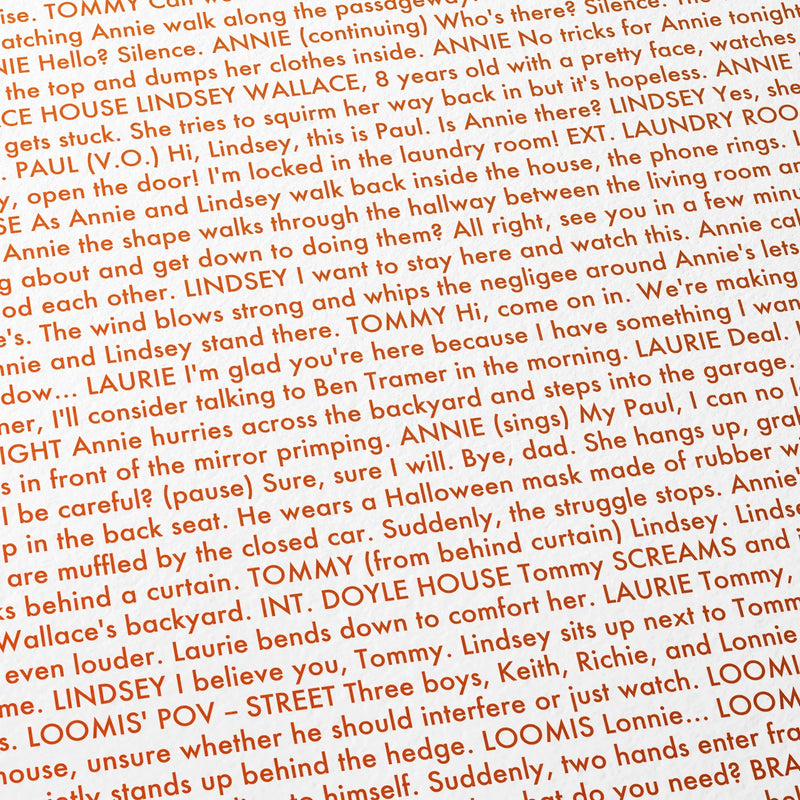 Close-up detail of the Halloween movie script poster showing dense typographic text.