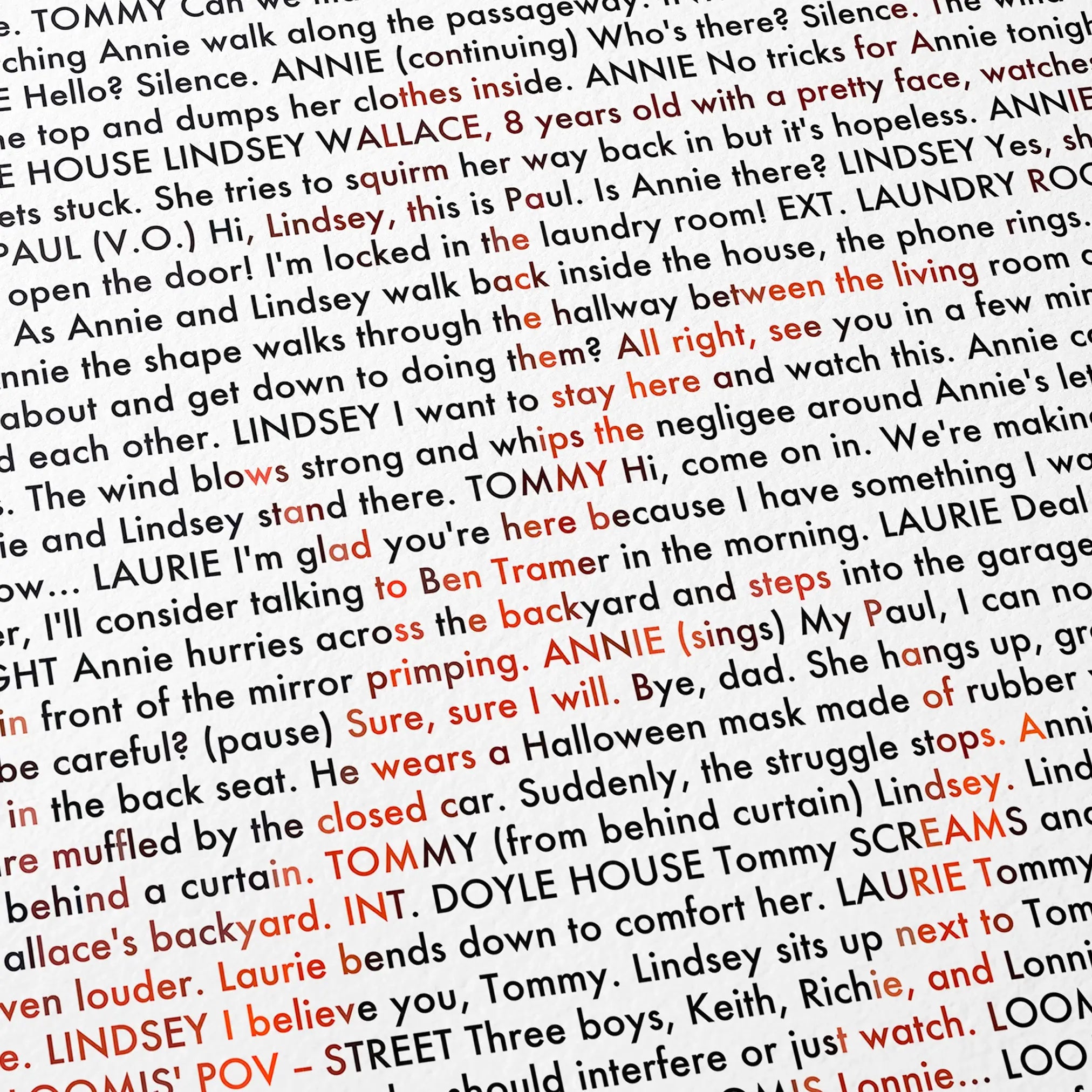 Close-up detail of the Halloween movie script poster showing dense typographic text.