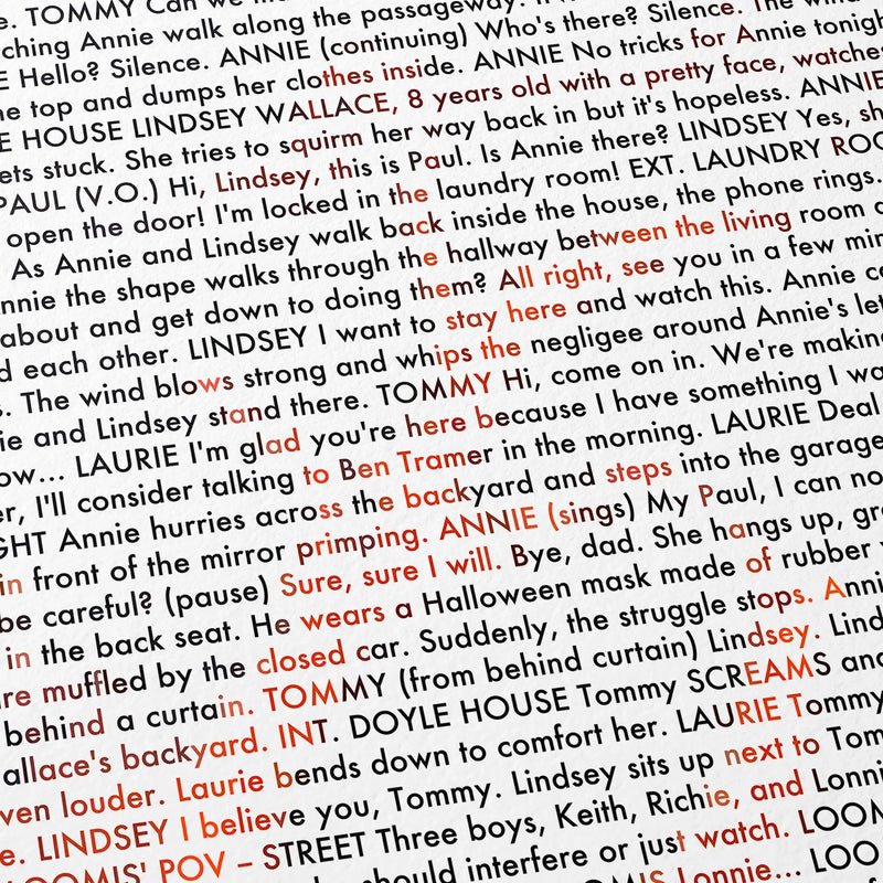 Close-up detail of the Halloween movie script poster showing dense typographic text.