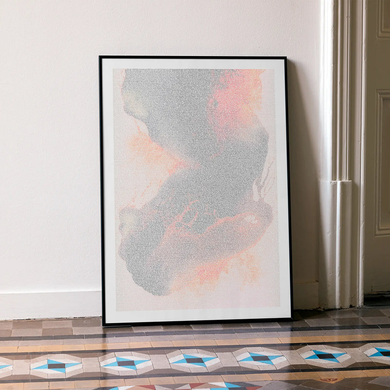 A framed Halloween movie script poster leaning against a wall in a minimalist interior.