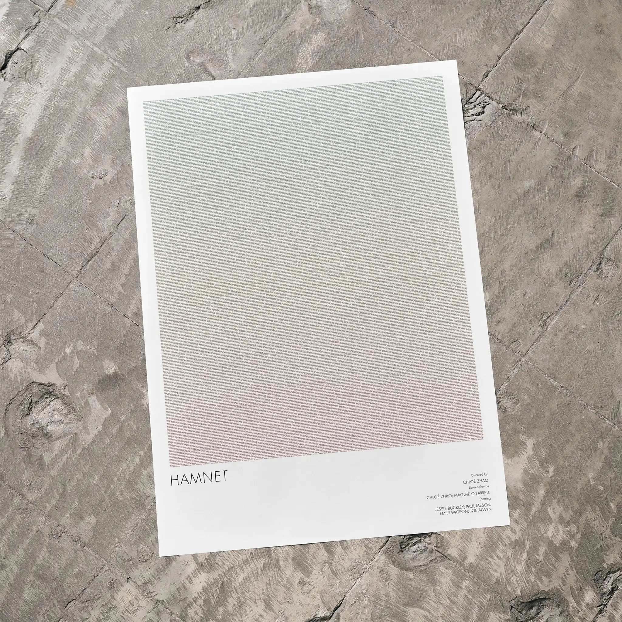 A Hamnet movie script poster laid flat on a textured floor surface.