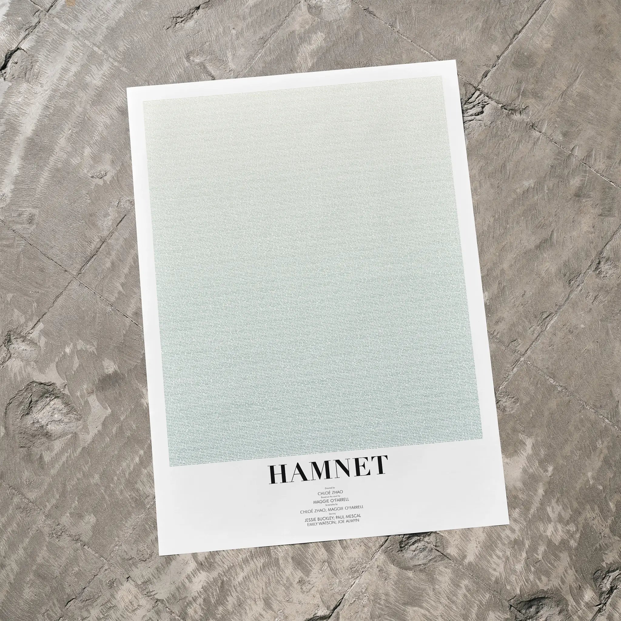 A Hamnet movie script poster laid flat on a textured floor surface.