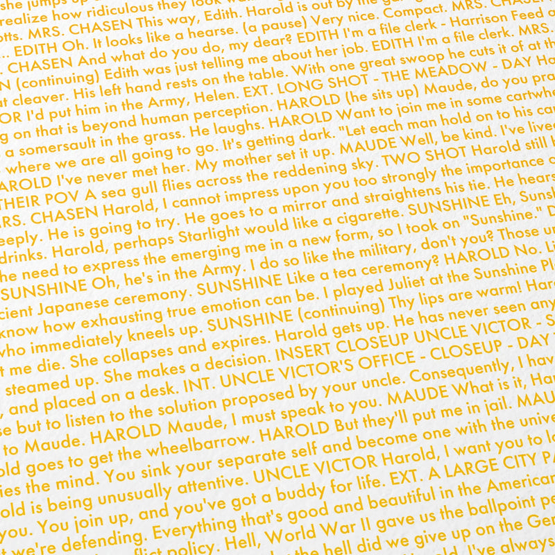 Close-up detail of the Harold and Maude movie script poster showing dense typographic text.