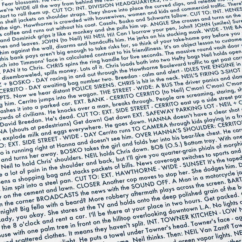 Close-up detail of the Heat movie script poster showing dense typographic text.