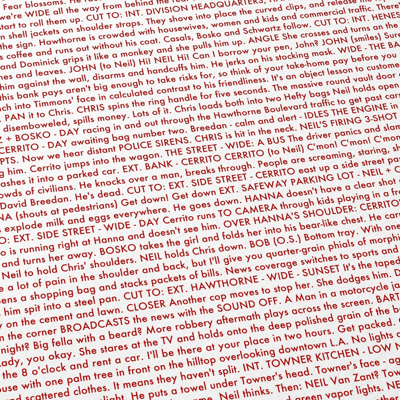Close-up detail of the Heat movie script poster showing dense typographic text.