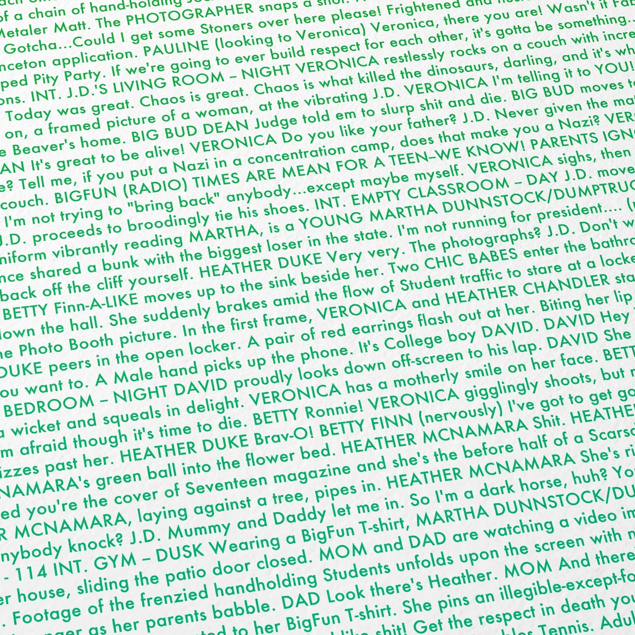 Close-up detail of the Heathers movie script poster showing dense typographic text.