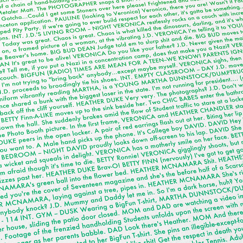 Close-up detail of the Heathers movie script poster showing dense typographic text.