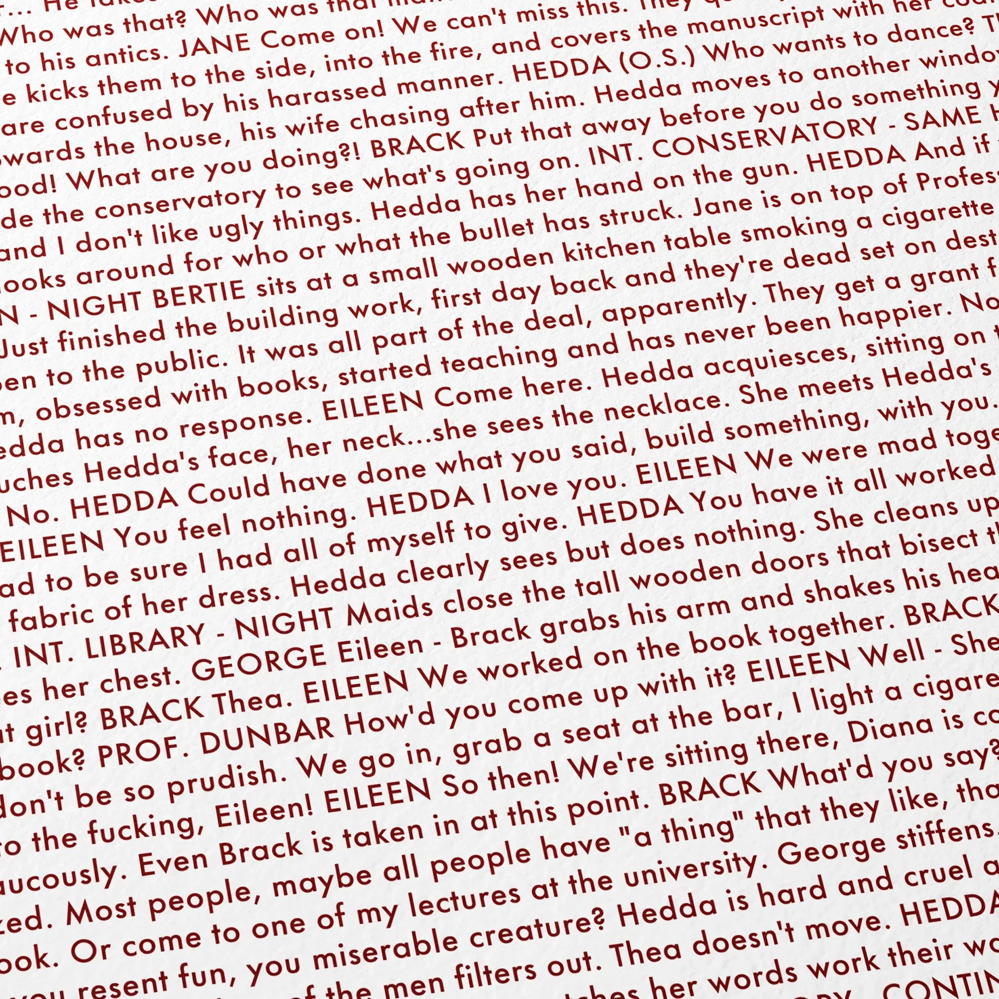 Close-up detail of the Hedda movie script poster showing dense typographic text.
