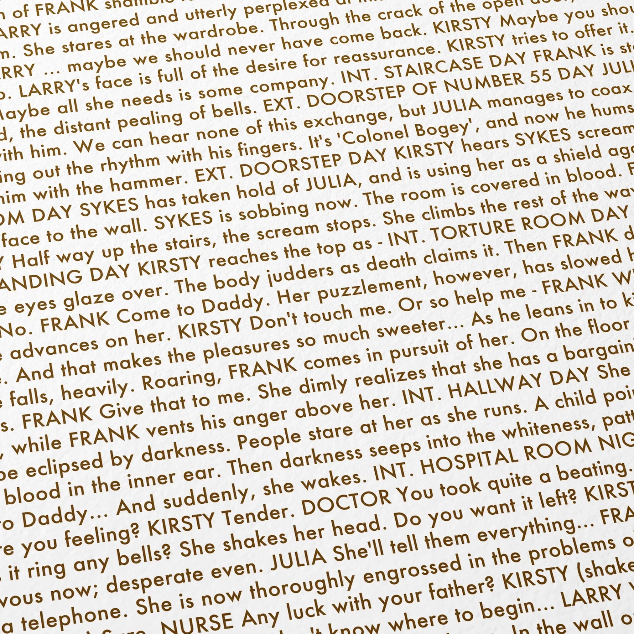Close-up detail of the Hellraiser movie script poster showing dense typographic text.