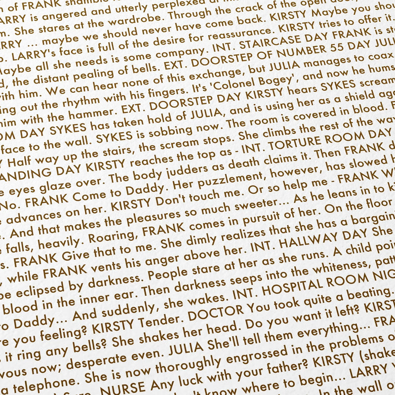 Close-up detail of the Hellraiser movie script poster showing dense typographic text.