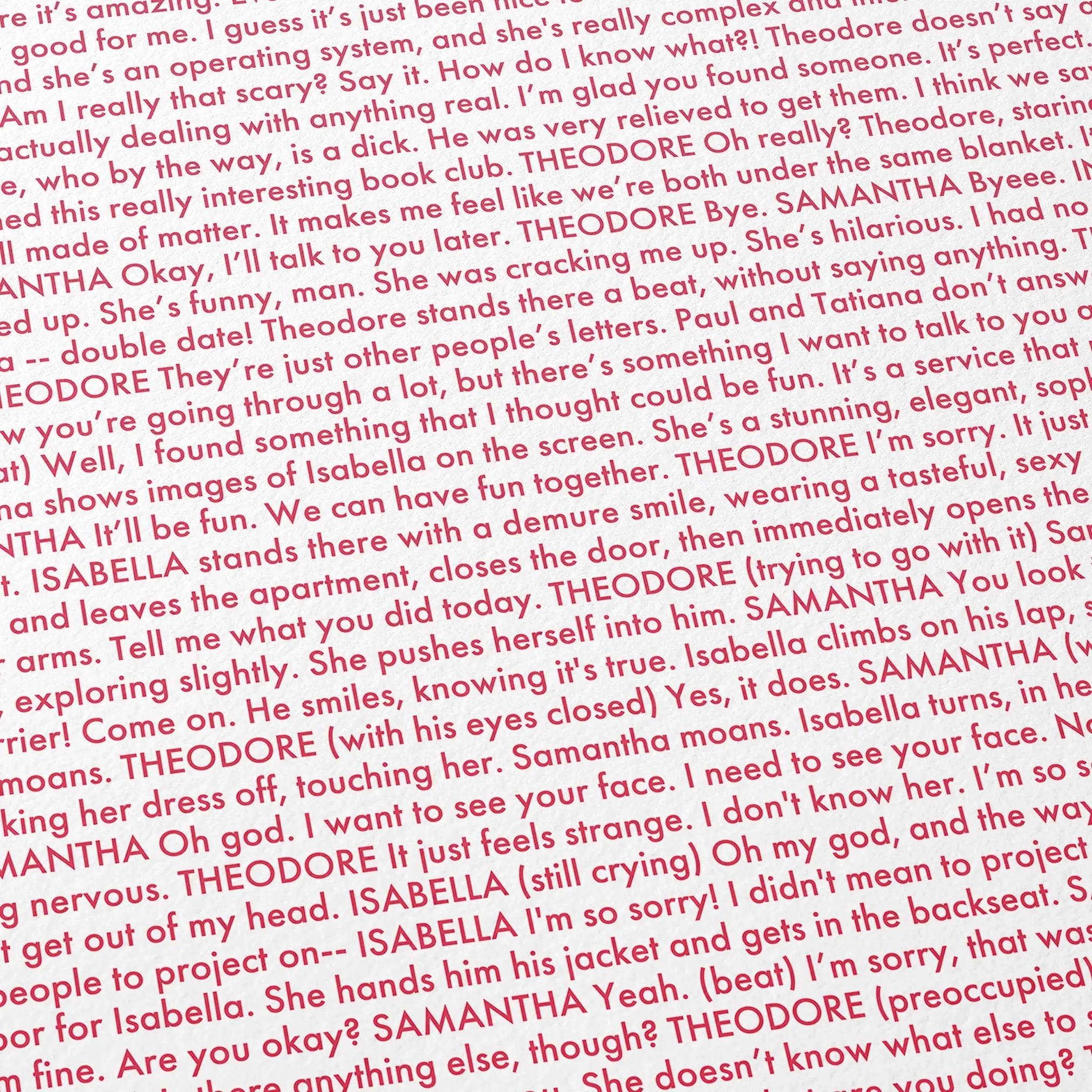 Close-up detail of the Her movie script poster showing dense typographic text.