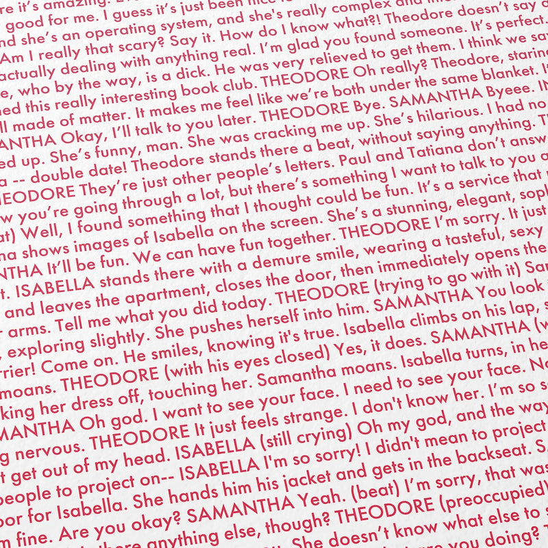Close-up detail of the Her movie script poster showing dense typographic text.