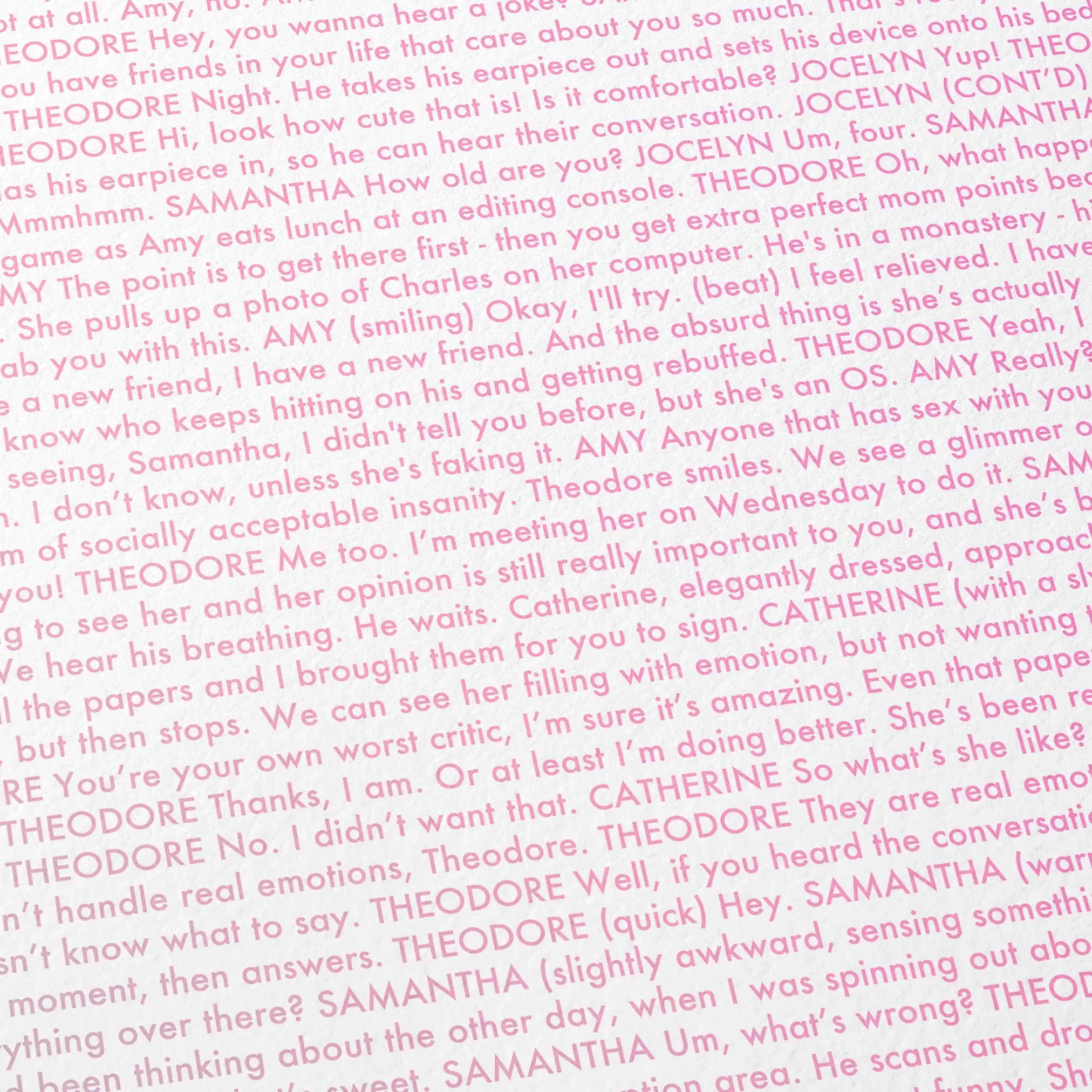 Close-up detail of the Her movie script poster showing dense typographic text.