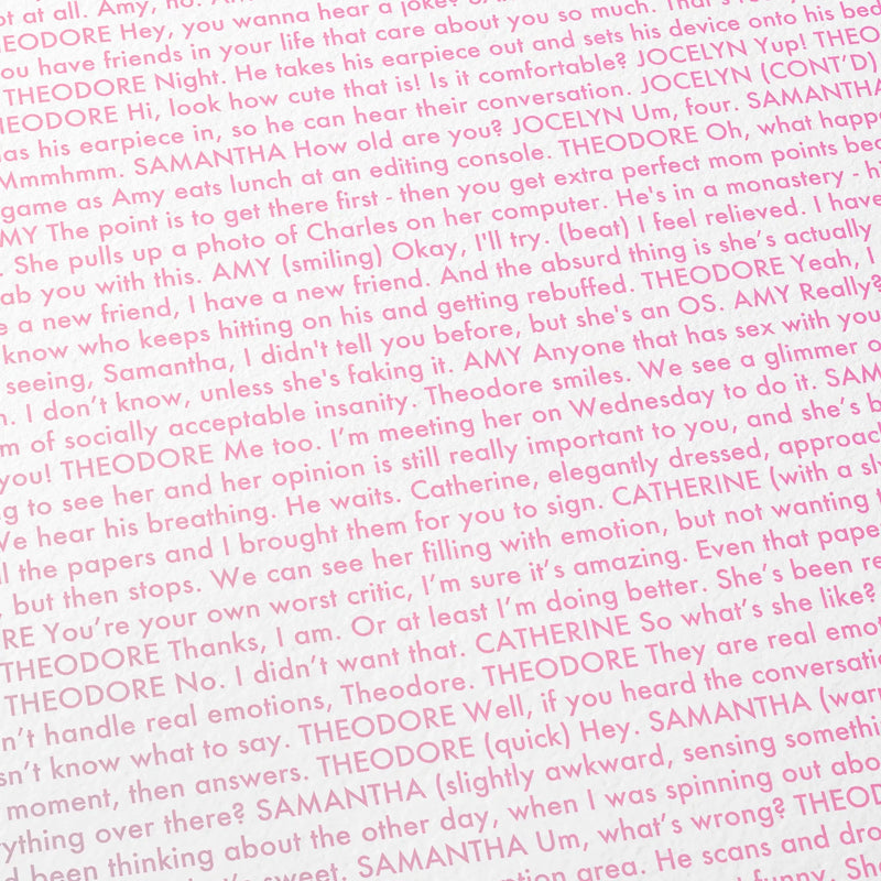 Close-up detail of the Her movie script poster showing dense typographic text.
