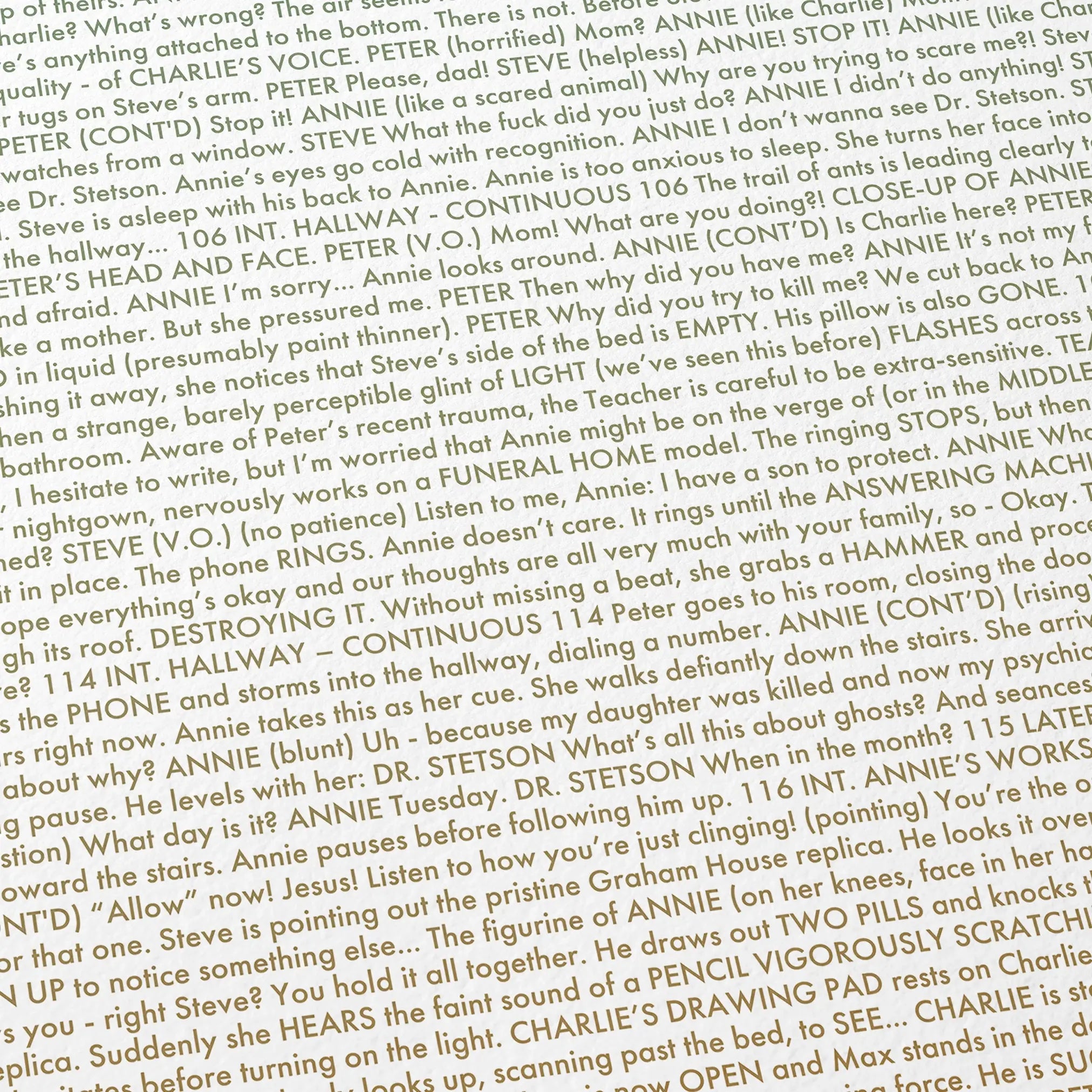 Close-up detail of the Hereditary movie script poster showing dense typographic text.