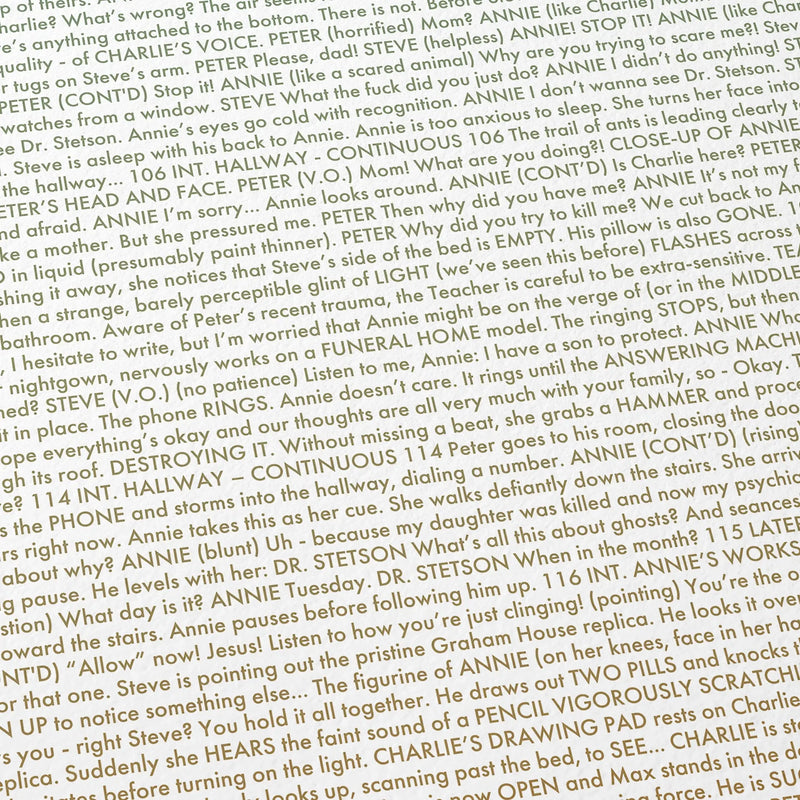 Close-up detail of the Hereditary movie script poster showing dense typographic text.