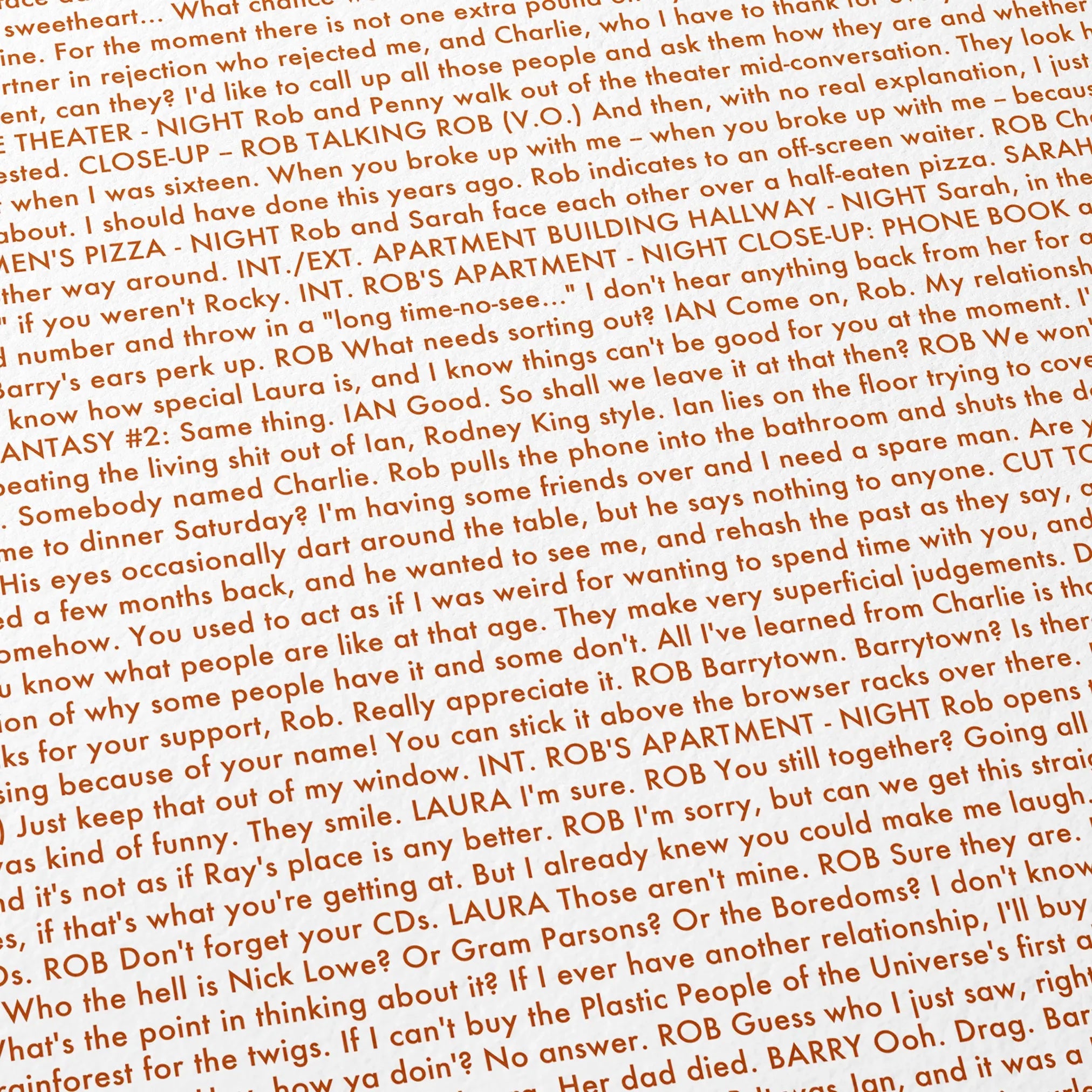 Close-up detail of the High Fidelity movie script poster showing dense typographic text.