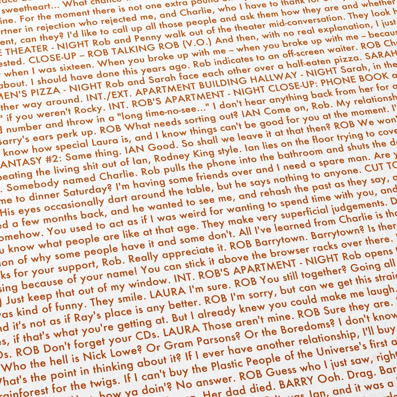 Close-up detail of the High Fidelity movie script poster showing dense typographic text.
